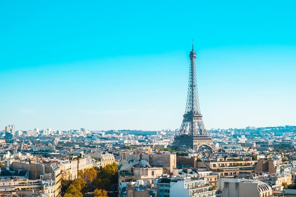 Aerial View of Eiffel Tower on a Sunny Day in Paris