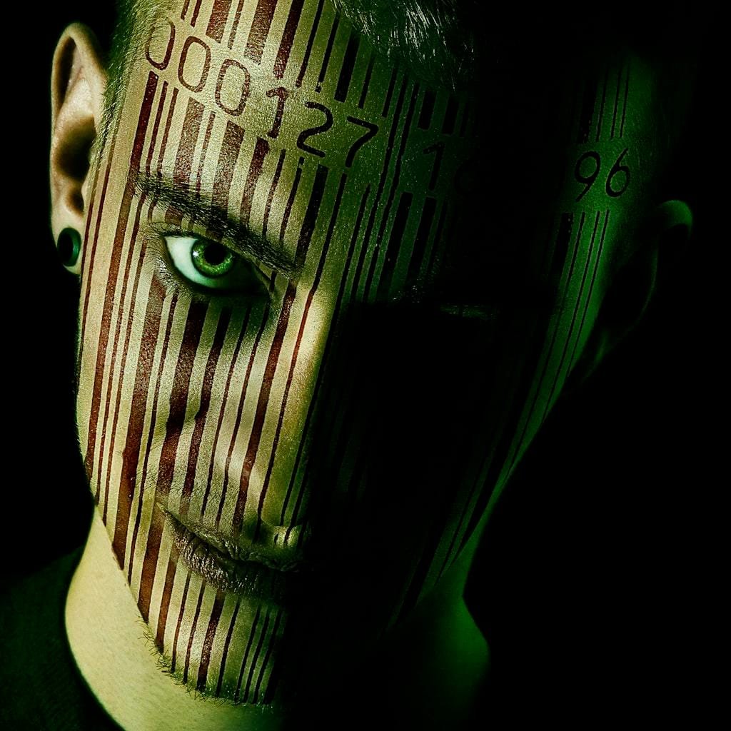 Man with Barcode Printed on his Face