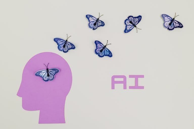 Surreal AI conceptual art featuring butterflies and a human head silhouette in a minimalistic style.