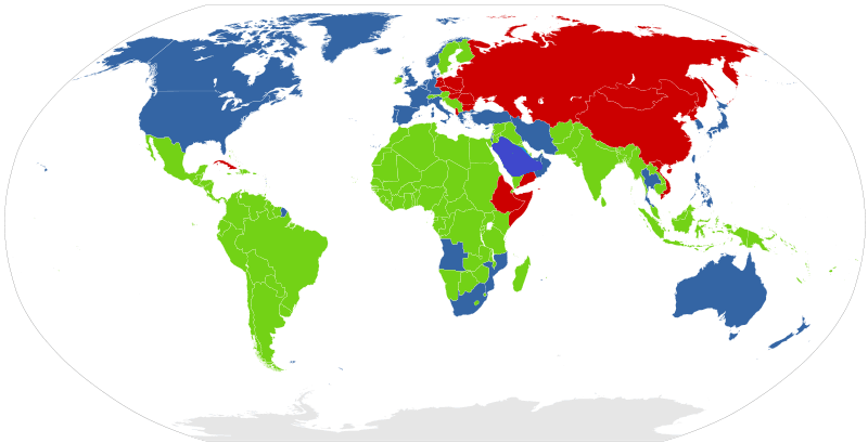 World map from 1975 showing the First World in blue, Second World in red, and Third World in green.