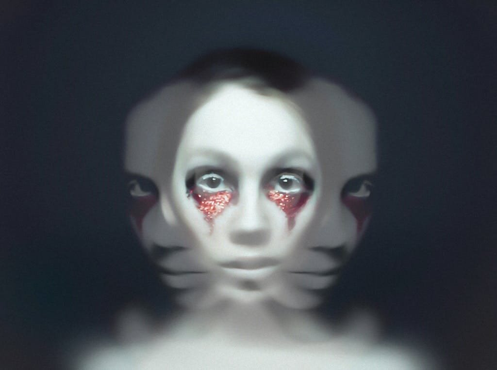 A hauntingly surreal portrait featuring abstract and eerie facial expressions.