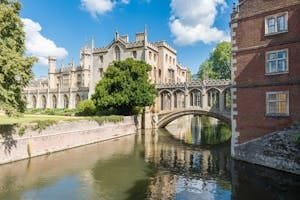 Picturesque view of St John's College with iconic bridge over the River Cam.