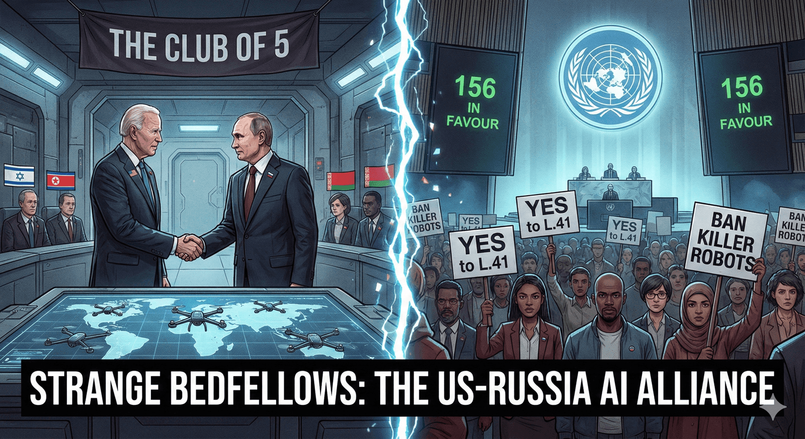 Official UN First Committee voting board displaying the results for Resolution L.41 on 'Lethal autonomous weapons systems' (156 Yes, 5 No, 8 Abstain) on November 6, 2025. Image used for geopolitical analysis by Avi Perera on aviperera.com.