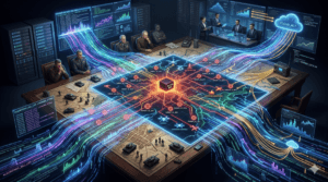 Abstract conceptual rendering of the algorithmic battlefield, depicting digital data streams overriding a traditional military command structure.