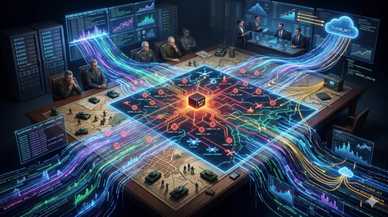 Abstract conceptual rendering of the algorithmic battlefield, depicting digital data streams overriding a traditional military command structure.