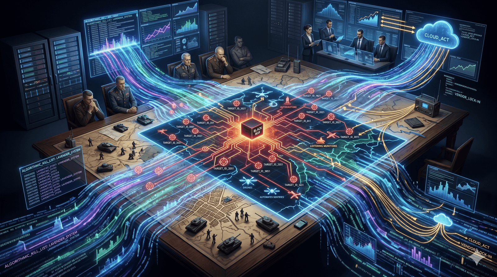 Abstract conceptual rendering of the algorithmic battlefield, depicting digital data streams overriding a traditional military command structure.