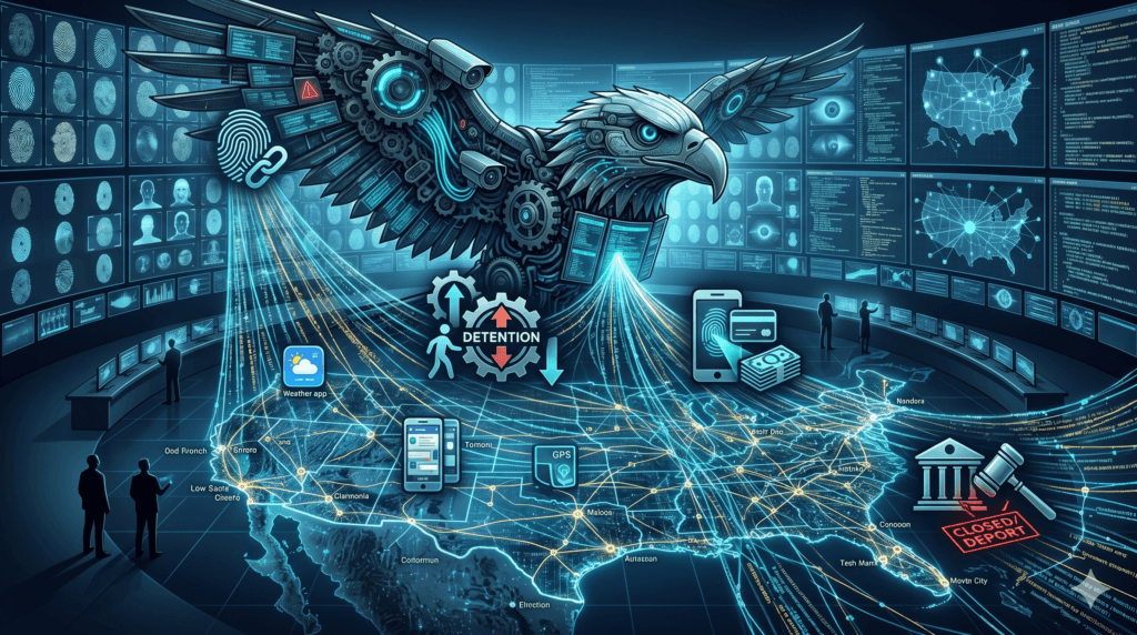 Abstract digital map showing data points converging, representing the automated US immigration system's digital dragnet.