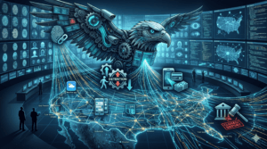 Abstract digital map showing data points converging, representing the automated US immigration system's digital dragnet.