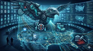 Abstract digital map showing data points converging, representing the automated US immigration system's digital dragnet.