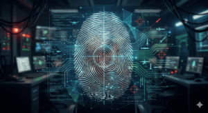 Conceptual illustration of an AI robotic interface overlaying a human fingerprint, representing the debate over meaningful human control in warfare.