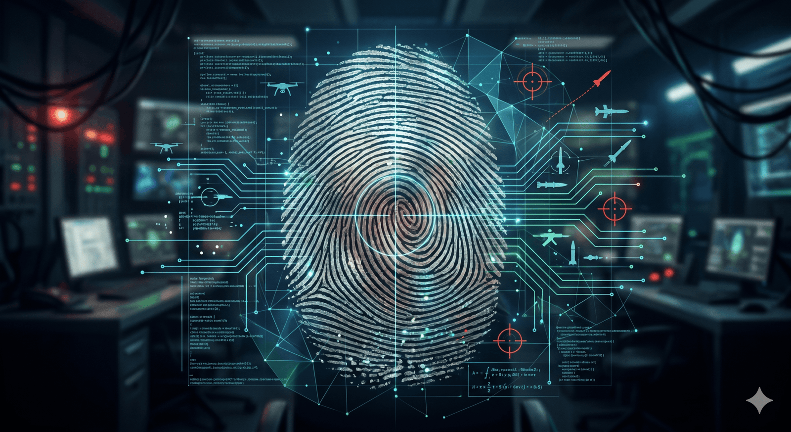 Conceptual illustration of an AI robotic interface overlaying a human fingerprint, representing the debate over meaningful human control in warfare.