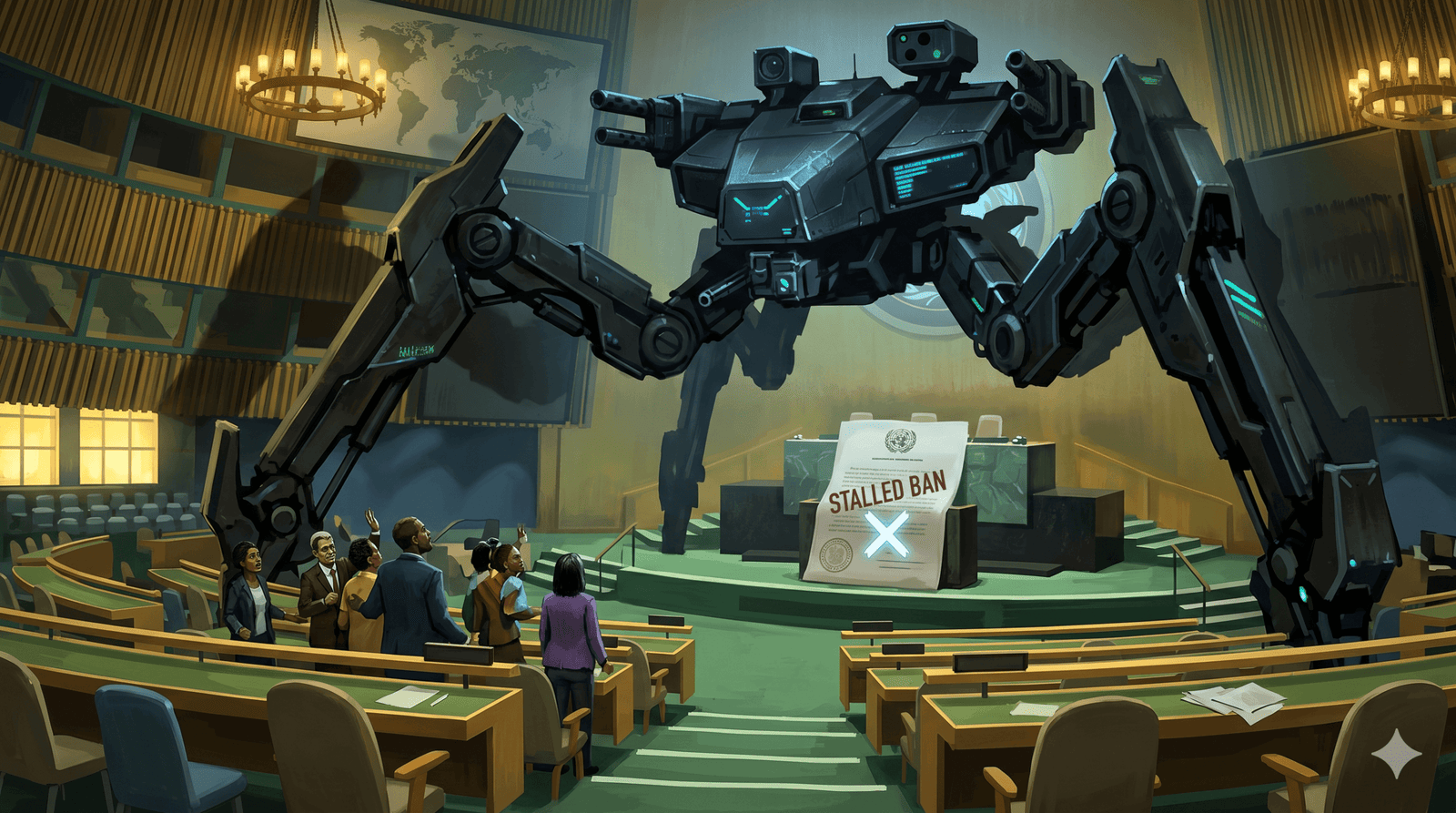 Conceptual illustration of robotic military hardware overshadowing the UN General Assembly, representing the stalled ban on killer robots.
