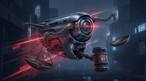 An abstract conceptual image of a military AI targeting matrix overlaying a scale of justice, representing autonomous weapons ethics.