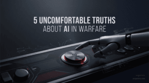A premium conceptual digital art composition showcasing an abstract drone silhouette with neon targeting laser telemetry, representing military AI ethics and global governance.