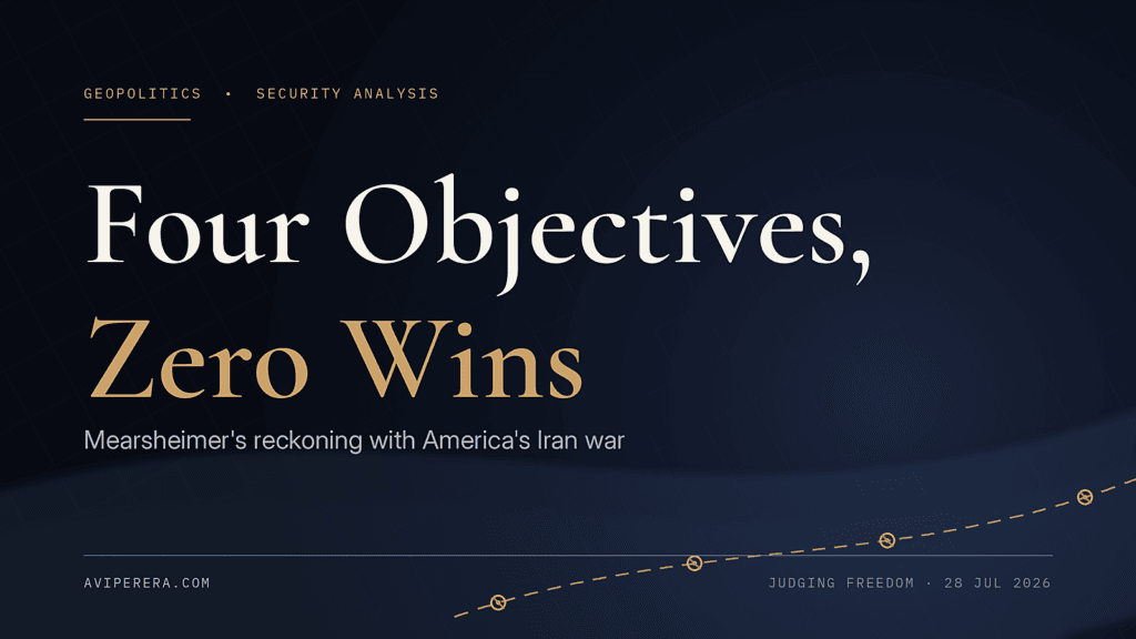 Editorial banner illustrating four failed US war objectives in the 2026 Iran war, styled as broken waypoints on a shipping lane through the Strait of Hormuz