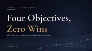 Editorial banner illustrating four failed US war objectives in the 2026 Iran war, styled as broken waypoints on a shipping lane through the Strait of Hormuz