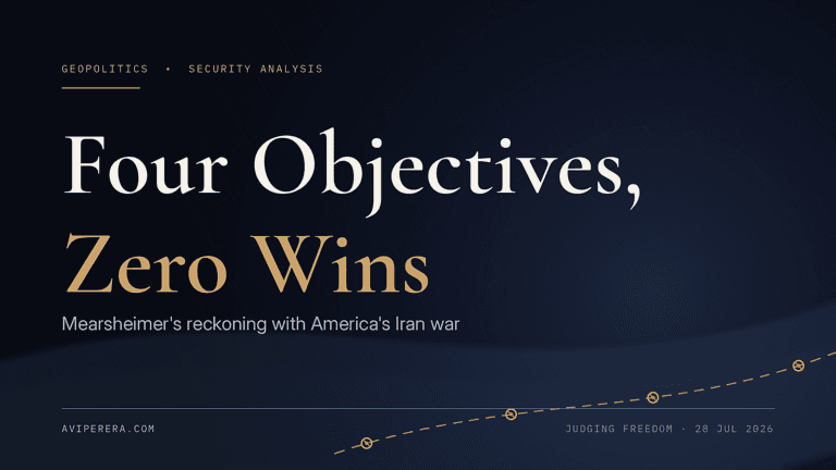 Editorial banner illustrating four failed US war objectives in the 2026 Iran war, styled as broken waypoints on a shipping lane through the Strait of Hormuz