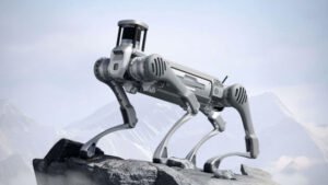 Unitree B2 industrial quadruped robot walking over rough terrain. Avi Perera