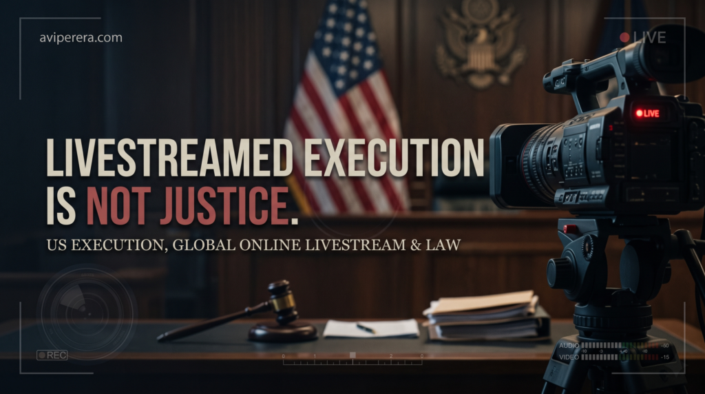 Broadcast camera set up with a live recording indicator inside a dark US courtroom with an American flag and gavel, reading Livestreamed Execution Is Not Justice